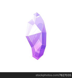 Crystal gem vector isolated precious stone. Purple pink crystal gemstone. Purple pink crystal gem, jewel rock gemstone