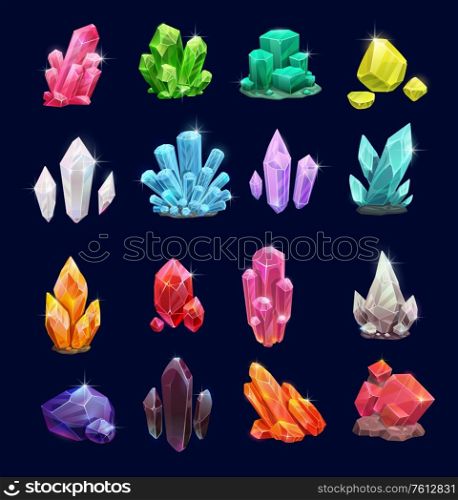 Crystal gems, vector gemstones and jewel icons. Isolated cartoon minerals, crystals and gemstones. Natural opal, emerald and diamond, ruby and topaz, quartz glass, jewelry and geology crystals. Crystal gems, vector gemstone icons