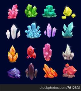 Crystal gems, vector gemstones and jewel icons. Isolated cartoon minerals, crystals and gemstones. Natural opal, emerald and diamond, ruby and topaz, quartz glass, jewelry and geology crystals. Crystal gems, vector gemstone icons