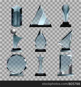 Crystal glass trophy or awards on transparent background. Glass crystal award, blank trophy transparent. Vector illustration. Crystal glass trophy or awards on transparent background