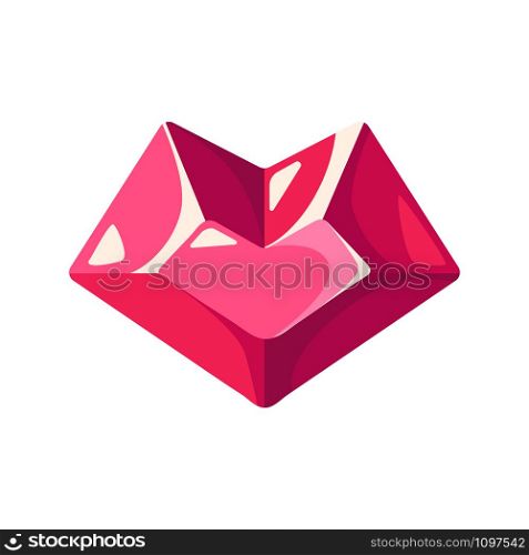 Crystal heart for cartoon Valentine Day card - cute flat heart shape in pink colors, cartoon shining diamond or gemstone, isolated object on white, illustration for postcard, print - vector. Valentine Day cute cartoon card