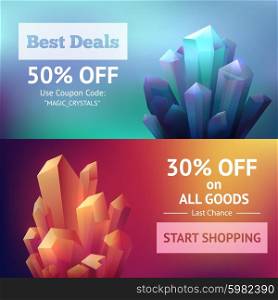 Crystal mineral sale offer horizontal banners set isolated vector illustration. Crystal Mineral Banners