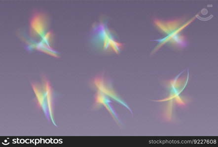 Crystal refraction overlay, leak flare, rainbow sunlight effect, holographic reflections. Blurred optical rays, vintage camera glares. Vector illustration.. Refractions set, leak flare overlay, rainbow sunlight effect, holographic rays collection