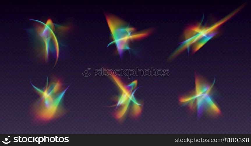 Crystal refraction overlay, leak flare, rainbow sunlight effect, holographic reflections isolated on a black background. Blurred optical rays, vintage camera glares. Vector illustration.. Refractions set, leak flare overlay, rainbow sunlight effect, holographic rays collection