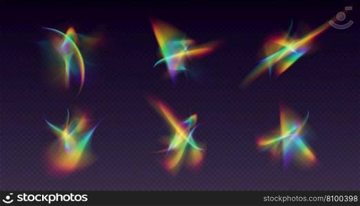 Crystal refraction overlay, leak flare, rainbow sunlight effect, holographic reflections isolated on a black background. Blurred optical rays, vintage camera glares. Vector illustration.. Refractions set, leak flare overlay, rainbow sunlight effect, holographic rays collection