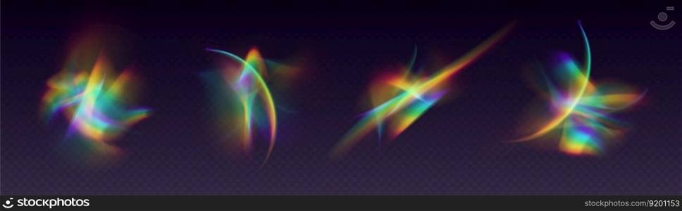 Crystal refraction overlay, leak flare, rainbow sunlight effect, holographic reflections isolated on a black background. Blurred optical rays, vintage camera glares. Vector illustration.. Refractions set, leak flare overlay, rainbow sunlight effect, holographic rays collection