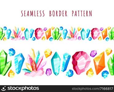 Crystal seamless border or pattern - colorful blue, golden, pink, violet, rainbow crystals or gems, on white background, endless border with gemstones, minerals, diamonds, flat vector illustration. New Crystals Set and patterns
