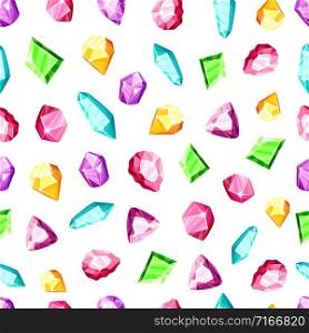 Crystal seamless pattern - colorful blue, golden, pink, violet, rainbow crystals or gems on white background, endless background with gemstones, minerals, diamonds, flat vector for textile, wrapping. New Crystals Set and patterns