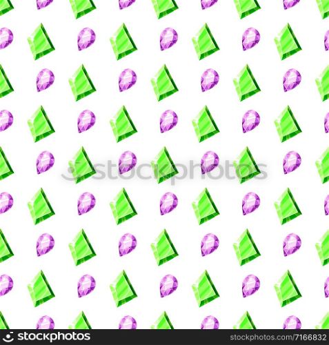 Crystal seamless pattern - colorful rainbow crystals or gems on white background, endless background with gemstones, minerals, diamonds, flat vector for textile, wrapping paper, scrapbooking. New Crystals Set and patterns