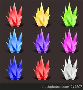 Crystal set. Different colors. Crystal stone or precious stone. Crystal set. Different colors. Crystal stone or precious stone. Precious stone Magic, fantasy crystals and semiprecious stones. For games, applications, advertising, sites. Vector illustration, isolated