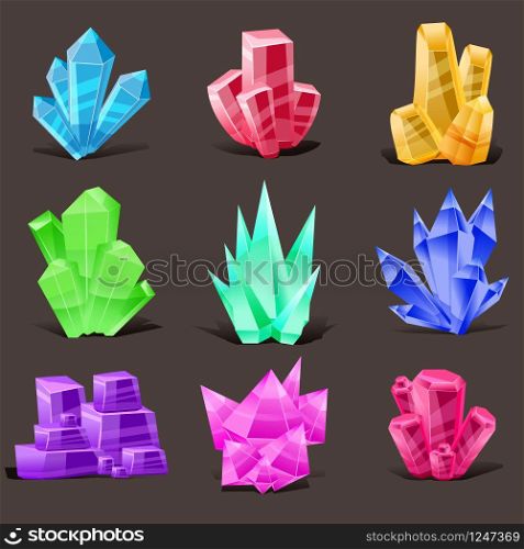 Crystal set. Different shapes and colors. Crystal stone or precious stone. Crystal set. Different shapes and colors. Crystal stone or precious stone. Precious stone Magic, fantasy crystals and semiprecious stones. For games, applications, advertising, sites. Vector illustration, isolated