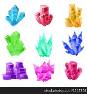 Crystal set. Different shapes and colors. Crystal stone or precious stone. Crystal set. Different shapes and colors. Crystal stone or precious stone. Precious stone Magic, fantasy crystals and semiprecious stones. For games, applications, advertising, sites. Vector illustration, isolated