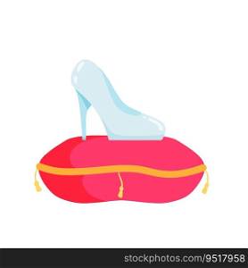 Crystal slipper on red pillow. Luxurious cushion, fabulous coronation. Glass shoes fairy tales. Flat cartoon. Crystal slipper on red pillow.