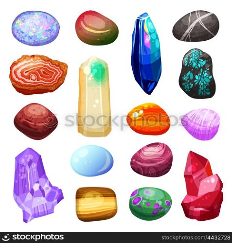 Crystal Stone Rocks Icons Set. Bright multicolored crystal stones and rocks of different size and shape with various textures on white background cartoon isolated vector illustration