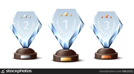 Crystal trophies. Realistic glass awards, gold, silver and bronze winning prizes, diamond shape, transparent sparkling figurines. Blank competition cup, sport and music achieve. Vector isolated set. Crystal trophies. Realistic glass awards, gold, silver and bronze winning prizes, diamond shape, transparent sparkling figurines. Blank competition cup, sport and music achieve vector set