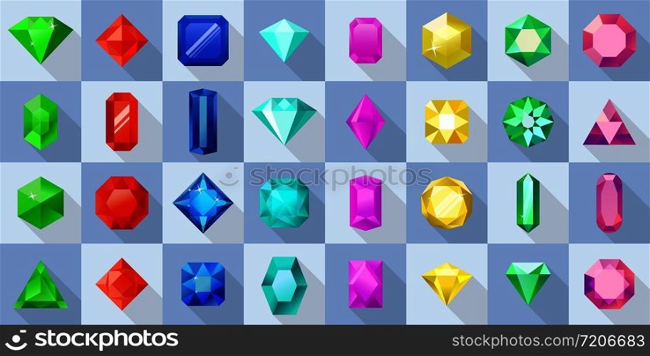 Crystal various shapes icons set. Flat illustration of 32 crystal various shapes vector icons for web. Crystal various shapes icons set, flat style