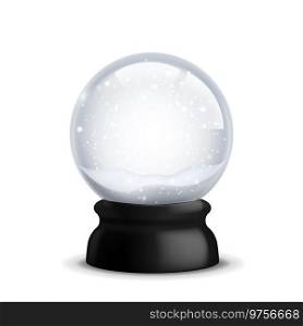 Crystal with snow. Christmas and New Year realistic snowy globe. Xmas magical ball with shiny falling snowflakes. Blank transparent sphere. Isolated winter souvenir toy template. Vector illustration. Crystal with snow. Christmas and New Year realistic snowy globe. Xmas magical ball with falling snowflakes. Blank transparent sphere. Winter souvenir toy template. Vector illustration