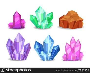Crystals realistic precious geological minerals isolated on white colorful set. Vector of shiny crystal stones natural elements emeralds and diamonds. Crystals Realistic Precious Geological Minerals Isolated
