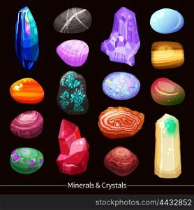 Crystals Stones And Rocks Set Background. Shiny colorful minerals crystals stones and rocks of different size and shape with various textures set on black background cartoon isolated vector illustration