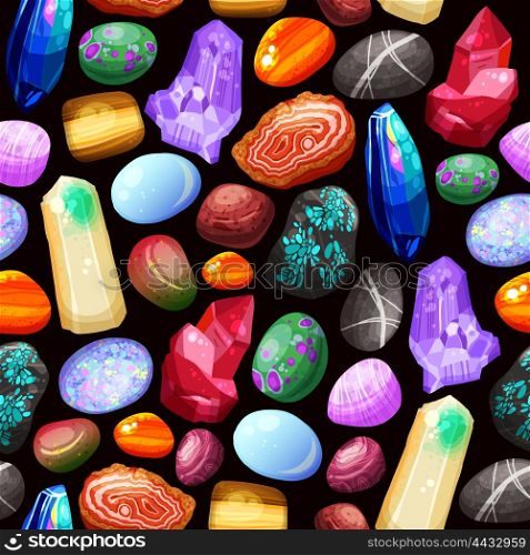 Crystals Stones Rocks Seamless Pattern. Seamless pattern with shiny crystals stones and rocks of various shape size and color on black background cartoon vector illustration