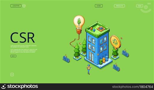 CSR banner. Corporate social responsibility concept, sustainability development. Vector landing page of company environmental strategy with isometric building with solar panels and trash bins. Corporate social responsibility, CSR concept