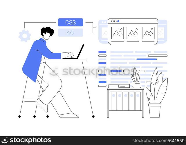 CSS code abstract concept vector illustration. Developer creating design web page, adding fonts and colors, IT company worker, programming and coding, front end development abstract metaphor.. CSS code abstract concept vector illustration.