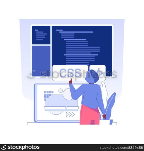 CSS code isolated concept vector illustration. Developer creating design web page, adding fonts and colors, IT company worker, programming and coding, front end development vector concept.. CSS code isolated concept vector illustration.
