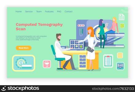 CT Computed tomography vector, clinic with new devices for diagnostics of sickness and diseases. hospital with doctor and nurse scanning patient. Website or webpage template, landing page flat style. CT Computed Tomography Scanning Clinic Website