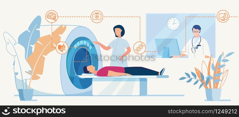 CT or MRI diagnosis in Clinic Flat Banner Template Hospital Human Brain Body Scan Machine for Patient Vector Male Doctor Research Man on Computer Female Nurse Configures Scanner Illustration. CT or MRI diagnosis in Clinic Flat Banner Template