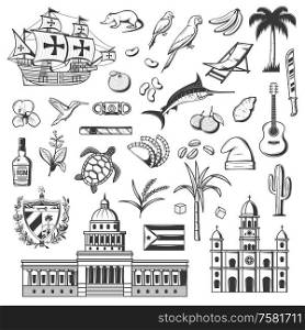 Cuba and Havana icons, travel and tourist famous landmark symbols. Vector Cuba flag, Havana parliament, cigar and historic frigate ship, sugar cane and rum, parrot and Caribbean guitar. Cuba icons, Havana landmarks and famous items