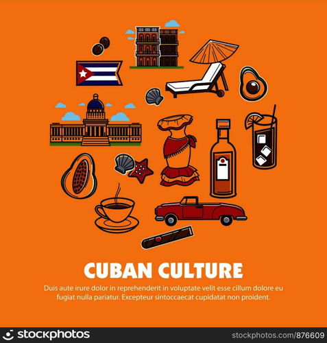 Cuba culture famous symbols and Havana travel landmarks. Vector poster of Cuba flag, Cuban cigar or rum and coffee, avocado or cocktail and beach umbrella. Cuba travel and cutlure vector symbols