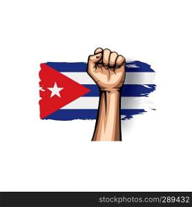 Cuba flag and hand on white background. Vector illustration.. Cuba flag and hand on white background. Vector illustration