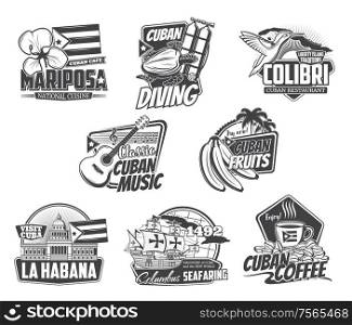 Cuba Havana travel, Caribbean cuisine food cafe and Cuban coffee sign. Vector sea diving sport club, ocean journey trips, welcome to Havana, banana package label and restaurant icon. Cuba icons, Havana travel, culture and food