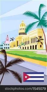 Cuba national capitol poster flat vector template. Historical landmarks and sights in Cuba. Brochure, booklet one page concept design with cartoon objects. American summer holiday flyer, leaflet. Cuba national capitol poster flat vector template