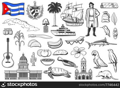 Cuba national symbols, cuisine and nature engraved icons set. Cuban flag and Coat of Arms, capitol building and island map, Christopher Columbus ship, fruits and animals, cigars cutter, machete vector. Cuba national symbols, cuisine and nature icons