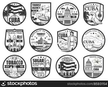 Cuba travel and tourism icons, Havana landmarks and city tours, vector. Cuba signs, Caribbean sea boat trips, travel agency emblems with Cuba sightseeing and attraction landmarks. Cuba travel and tourism icons, Havana landmarks