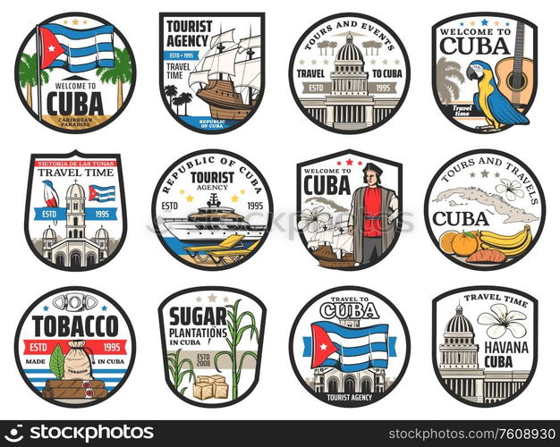 Cuba travel, Havana landmarks and city tours vector icons. Welcome to Cuba, history and culture tourism, sugar plantations and tobacco cigars, sea cruise and beach resort signs. Welcome to Cuba, travel, history landmarks icons