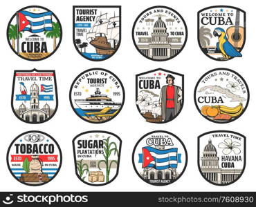 Cuba travel, Havana landmarks and city tours vector icons. Welcome to Cuba, history and culture tourism, sugar plantations and tobacco cigars, sea cruise and beach resort signs. Welcome to Cuba, travel, history landmarks icons
