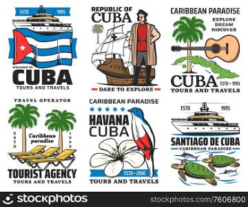 Cuba travel vector icons. Havana historic culture landmarks, Cuban sightseeing, Caribbean sea boat tours and summer beach resorts. Palm and guitar, flag and flower, turtle and birds. Cuba travel symbols, landmarks, sightseeing tours
