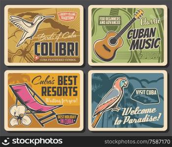 Cuba travel vector posters of Cuban beach resorts and tourism design. Map of tropical island, Caribbean royal palm tree and parrot, Cuban tres guitar, mariposa flowers, colibri and lounge chair. Cuban map, royal palm and parrot, guitar, mariposa