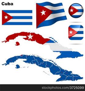 Cuba vector set. Detailed country shape with region borders, flags and icons isolated on white background.
