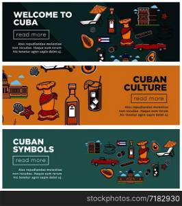 Cuban culture and symbols promo Internet banners set. Travel agency commercial posters with bottle of rum, flamenco dress, authentic architecture, retro cars and fresh avocado vector illustrations.. Cuban culture and symbols promotional Internet banners set