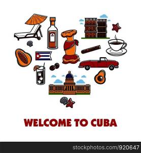 Cuban culture promo banner with national symbols set. Retro cabriolet, female dress, exotic fruits, natural coffee, strong cigar, recliner under umbrella and old building cartoon vector illustrations.. Cuban culture promo banner with national symbols set.