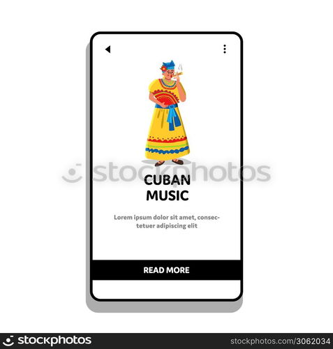 Cuban Music Listening And Smoke Cigar Woman Vector. Cuban Music Listen Lady In Traditional Cuba Dress And Smoke Tobacco Product. Character Leisure Relaxation Time Web Flat Cartoon Illustration. Cuban Music Listening And Smoke Cigar Woman Vector