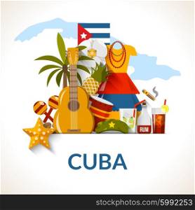 Cuban National Symbols Composition Poster Print. Cuban national symbols composition poster with flag guitar rum cocktail and royal palm flat abstract vector illustration