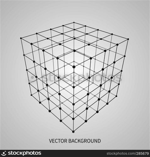 Cube 3d mesh wireframe. Web and data connection vector concept. Model complex object 3d square, geometric box structure wireframe illustration. Cube 3d mesh wireframe. Web and data connection vector concept