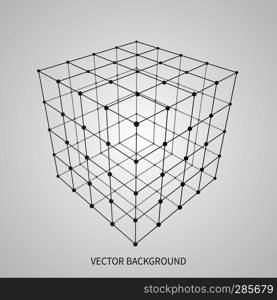 Cube 3d mesh wireframe. Web and data connection vector concept. Model complex object 3d square, geometric box structure wireframe illustration. Cube 3d mesh wireframe. Web and data connection vector concept