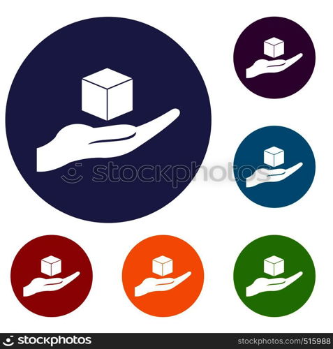 Cube 3d model icons set in flat circle red, blue and green color for web. Cube 3d model icons set