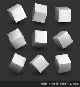 Cube 3d models in perspective. Realistic white blank cubes with shadows isolated. Model shape 3d structure box illustration. Cube 3d models in perspective. Realistic white blank cubes with shadows isolated