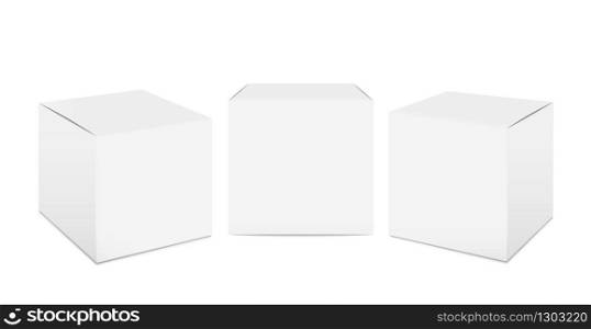 Cube box mockup. White cardboard realistic packaging, 3D isolated paper package boxes. Vector cosmetic and food packs for transportation packing on white background. Cube box mockup. White cardboard realistic packaging, 3D isolated paper boxes. Vector cosmetic and food packs for transportation
